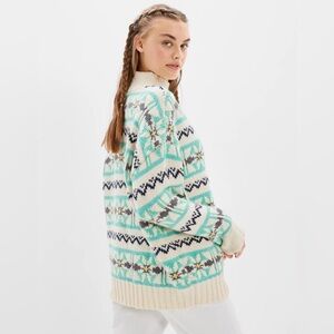 AE Oversized Fairisle Mock Neck Sweater in Teal Yellow Cream